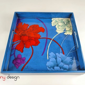 Blue square lacquer tray hand-painted with carnation 28 cm